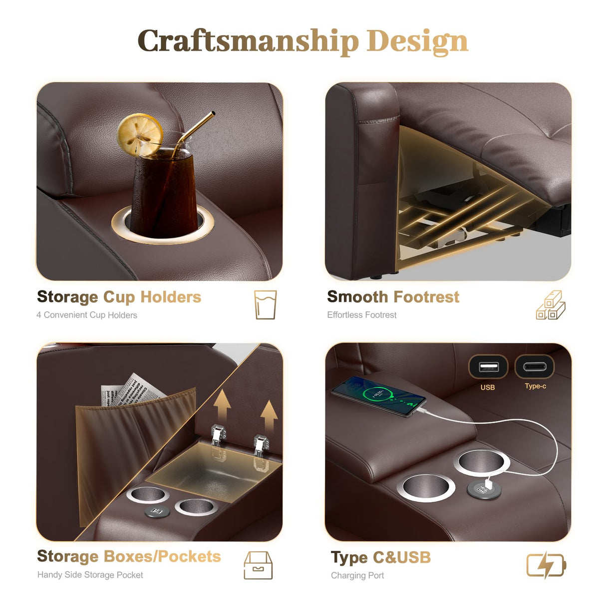 Reclining Sectional Couches for Living Room, L Shaped Large Sectional Reliner Sofa, Faux Leather Couch, Home Theater Seating with Console, Recliner Couch & Sofa Aotolo