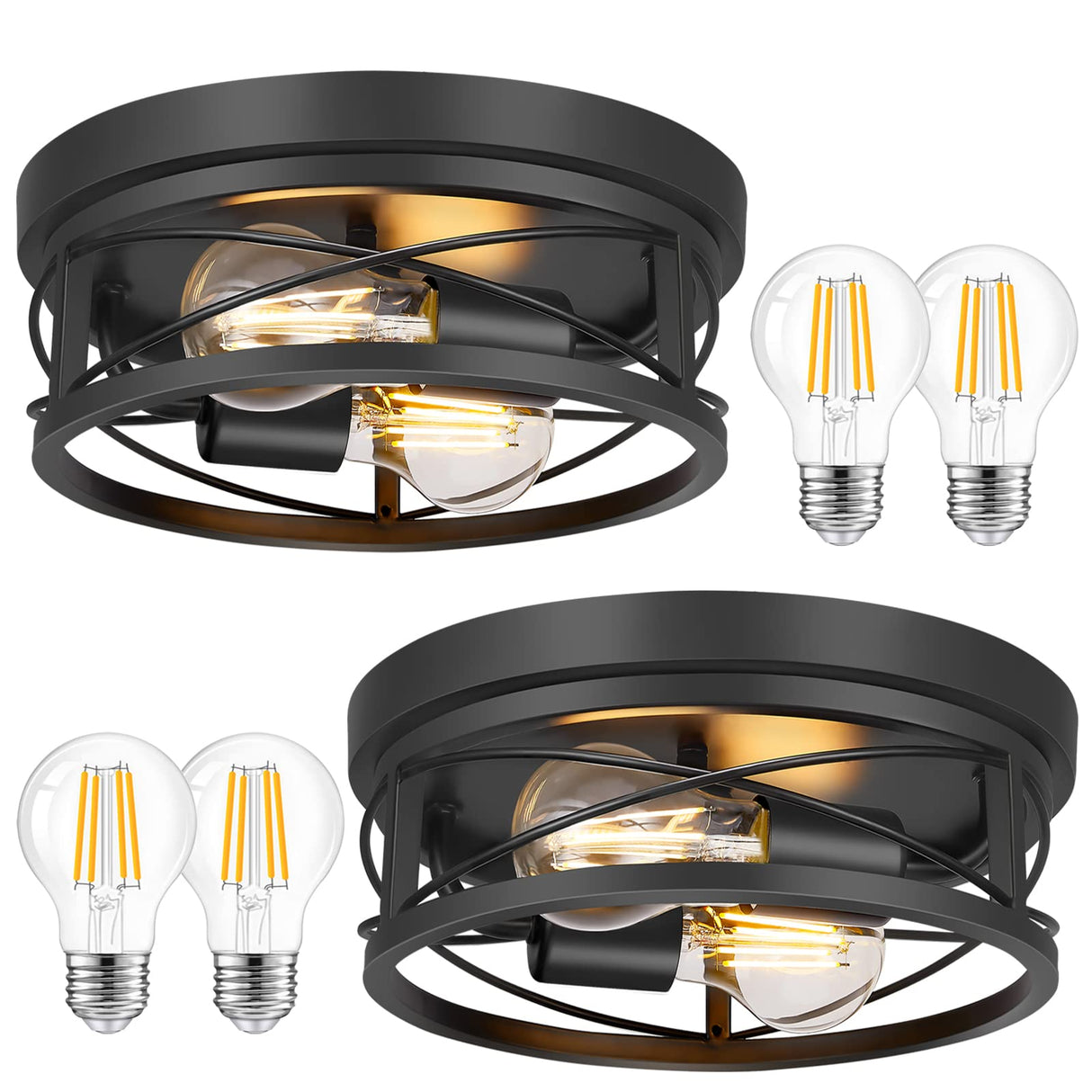 Feanron Farmhouse 2-Light Black Flush Mount Ceiling Light Fixtures, Industrial Vintage Metal Cage Closed to Ceiling Mount Lamp for Hallway Kitchen Bedroom 2 Pack, A19 LED Bulbs Included Feanron
