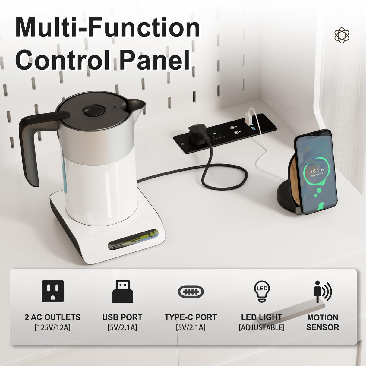 MDGC White LED Kitchen Pantry Cabinet with Charging Station, Adjustable Shelves, and Hooks for Versatile Storage MDGC
