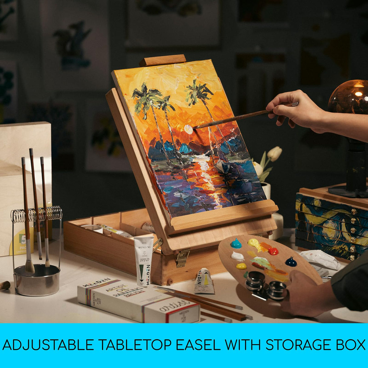 MEEDEN Extra-Large Tabletop Easel, Solid Beech Wood Table Top Easels for Painting Canvas, Sketchbox Easel, Table Art Easel for Adults & Artist, Art Supplies Storage Box,Hold Canvas Up to 28" MEEDEN