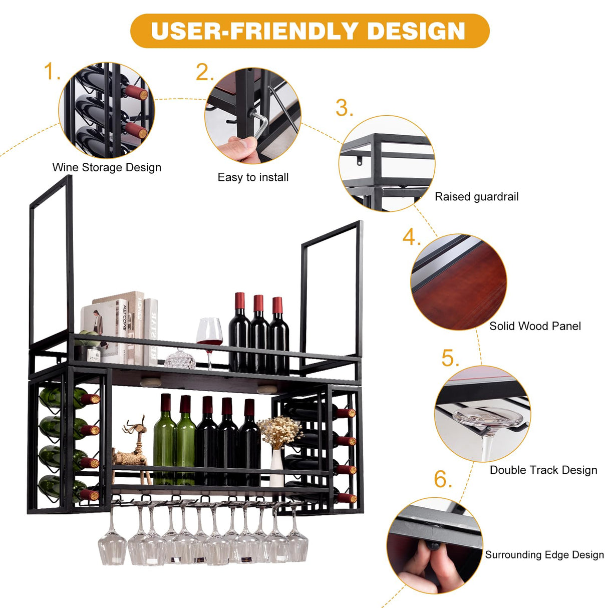 Ceiling Wine Glass Rack - Wine Rack Wall Mounted with Glass Holder, 2 Layer Industrial Hanging Wine Bottle Holder with LED, Wine Storage Display Shelf for Home Bar Dining Room Kitchen (Black, 47.2in) KEPMOGOH