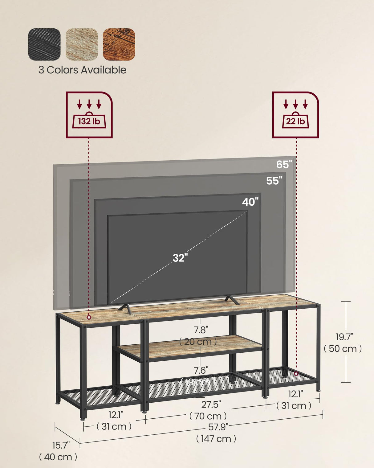 VASAGLE Modern TV Stand for TVs up to 65 Inches, 3-Tier Entertainment Center, Industrial TV Console Table with Open Storage Shelves, for Living Room, Bedroom, Turquoise Brown and Black ULTV097B60 VASAGLE