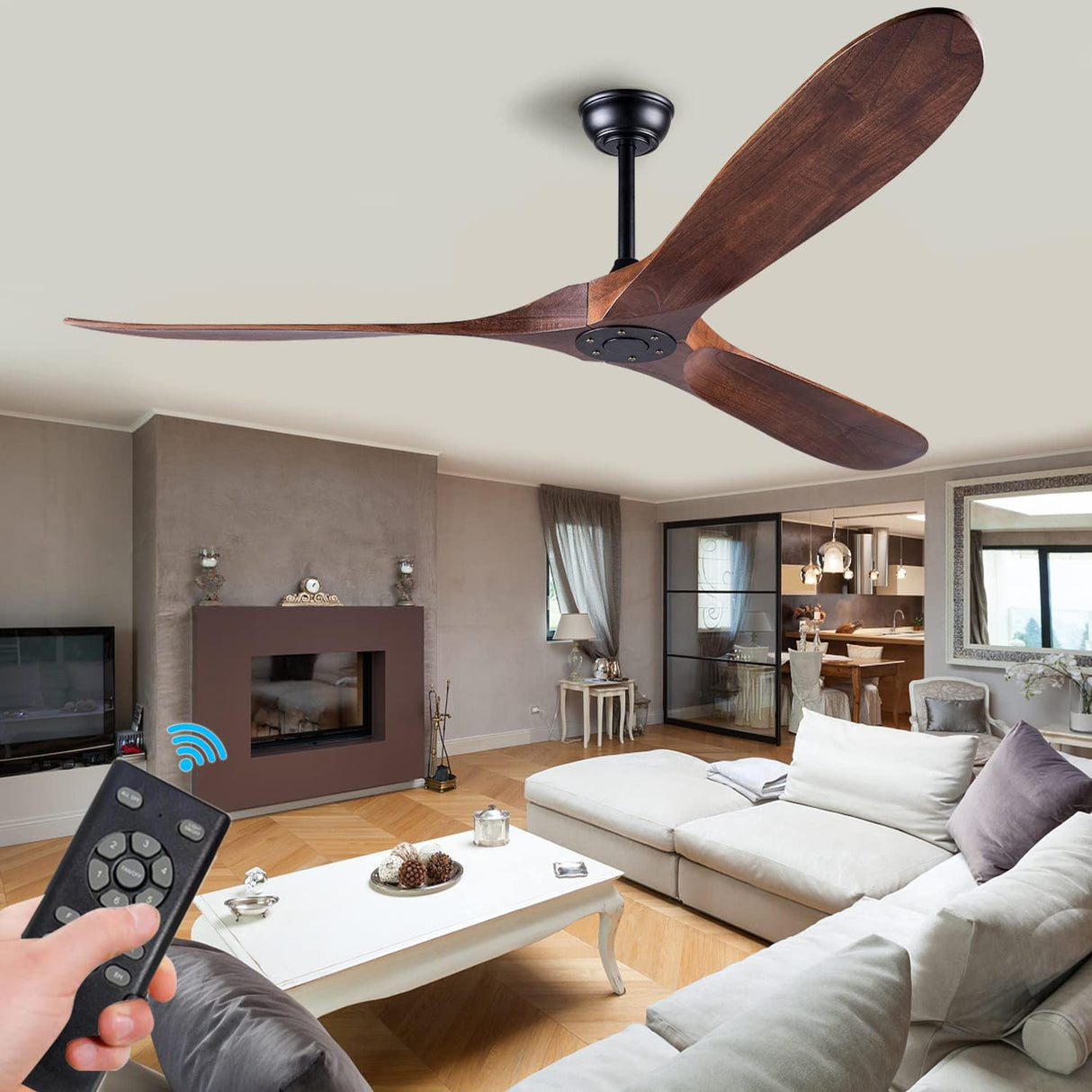 Solid Wood Ceiling Fans Without Light, 60 Inch Real Wood Ceiling Fan with Remote Control and 3 blade, Natural Wood Ceiling Fan Waterproof, Indoor Outdoor Ceiling Fans for Patio, Bedroom, Living room EOPETY