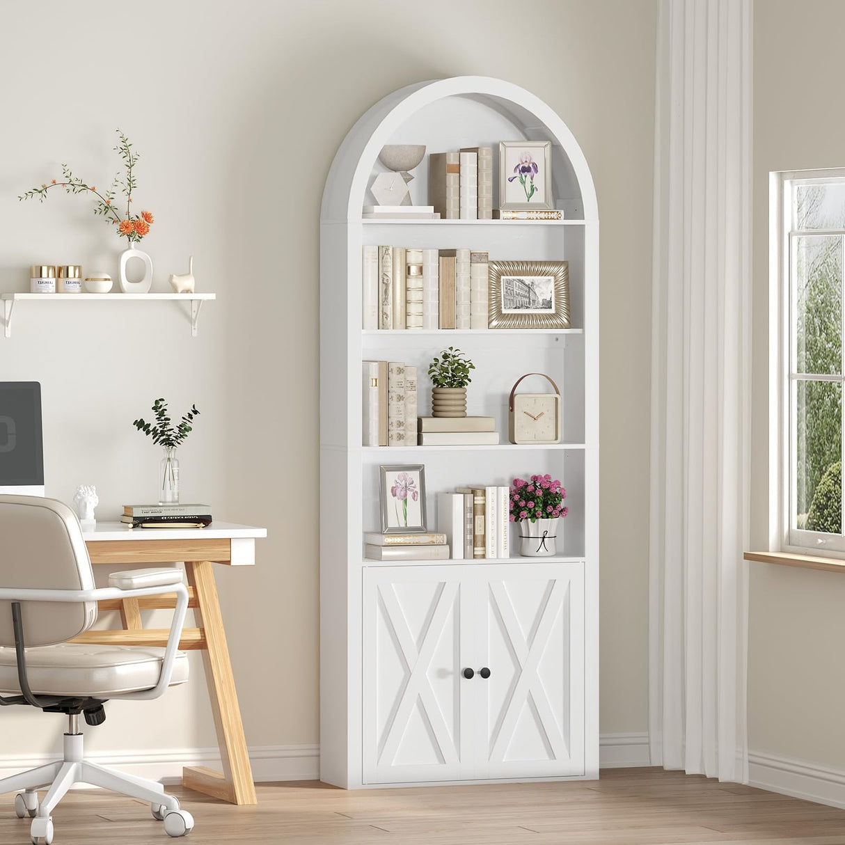 MAHANCRIS 6-Tier Bookshelf, 70.9'' Farmhouse Arched Bookcase with Cabinet, Freestanding Engineered Wood Display Bookshelf, with Adjustable Shelves, for Living Room, Study, Kitchen, White BKWT2501 MAHANCRIS