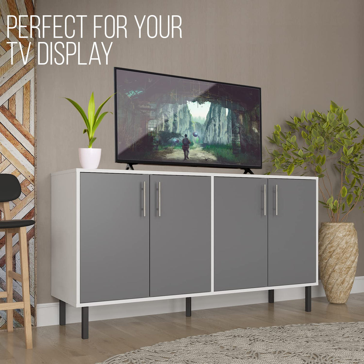 EconoHome Wood Buffet Cabinet with storage, Grey Wood Sideboard Cabinet with 4 Doors, Credenza for Living Room, Office, Kitchen, Dining Room, Bedroom, as a TV Stand or Cupboard Console Table EconoHome