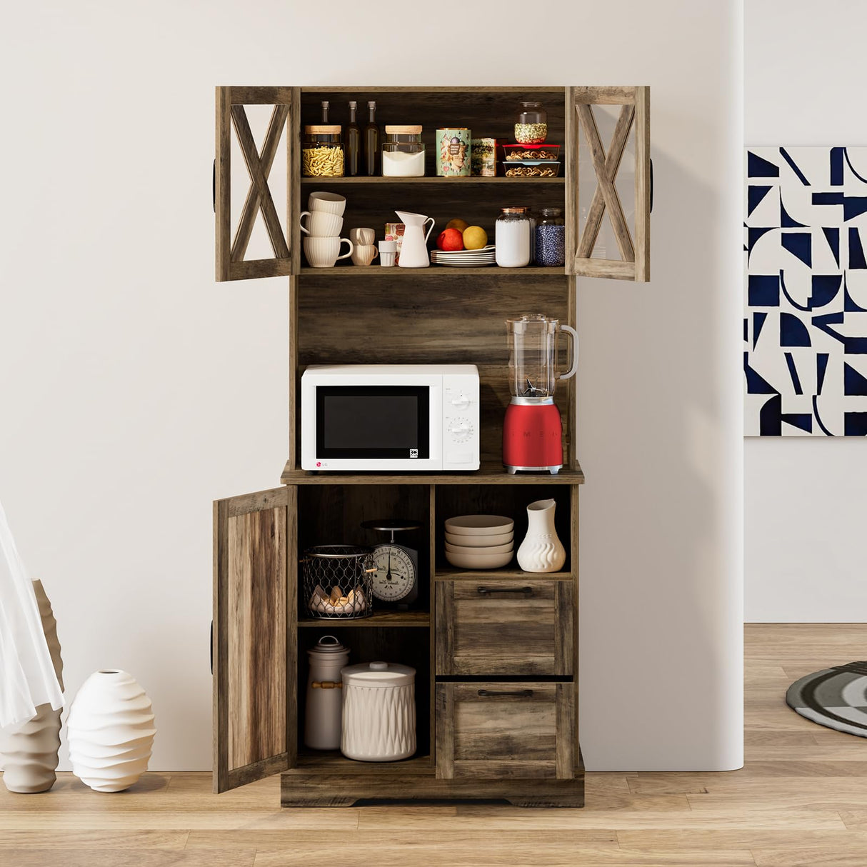 Lomojo Kitchen Storage Cabinet,71" Pantry Cabinet,Coffee Hunth Freestanding Cabinet,Farmhouse Tall Kitchen Cabinet Organizers and Storage with Doors & Adjustable Shelves Rustic Brown Lomojo