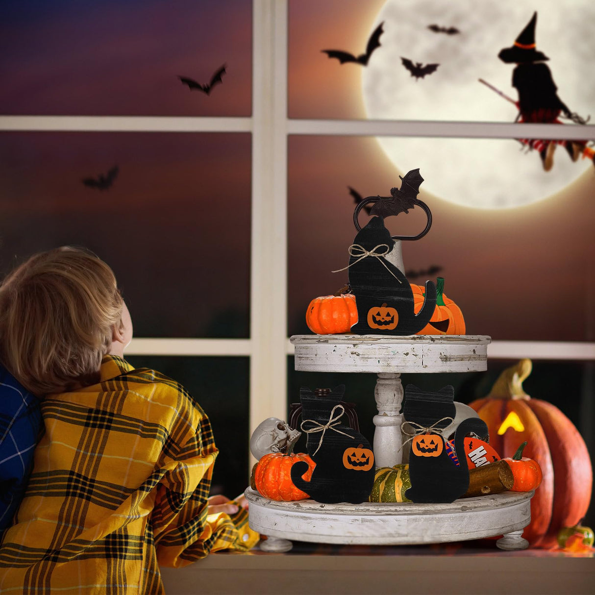 Redbaker 3 Pieces Halloween Black Cat Wooden Table Sign Halloween Tiered Tray Decor Rustic Halloween Tabletop Block Sign Farmhouse Fall Centerpieces for Halloween Home Shelf Party Decor Redbaker