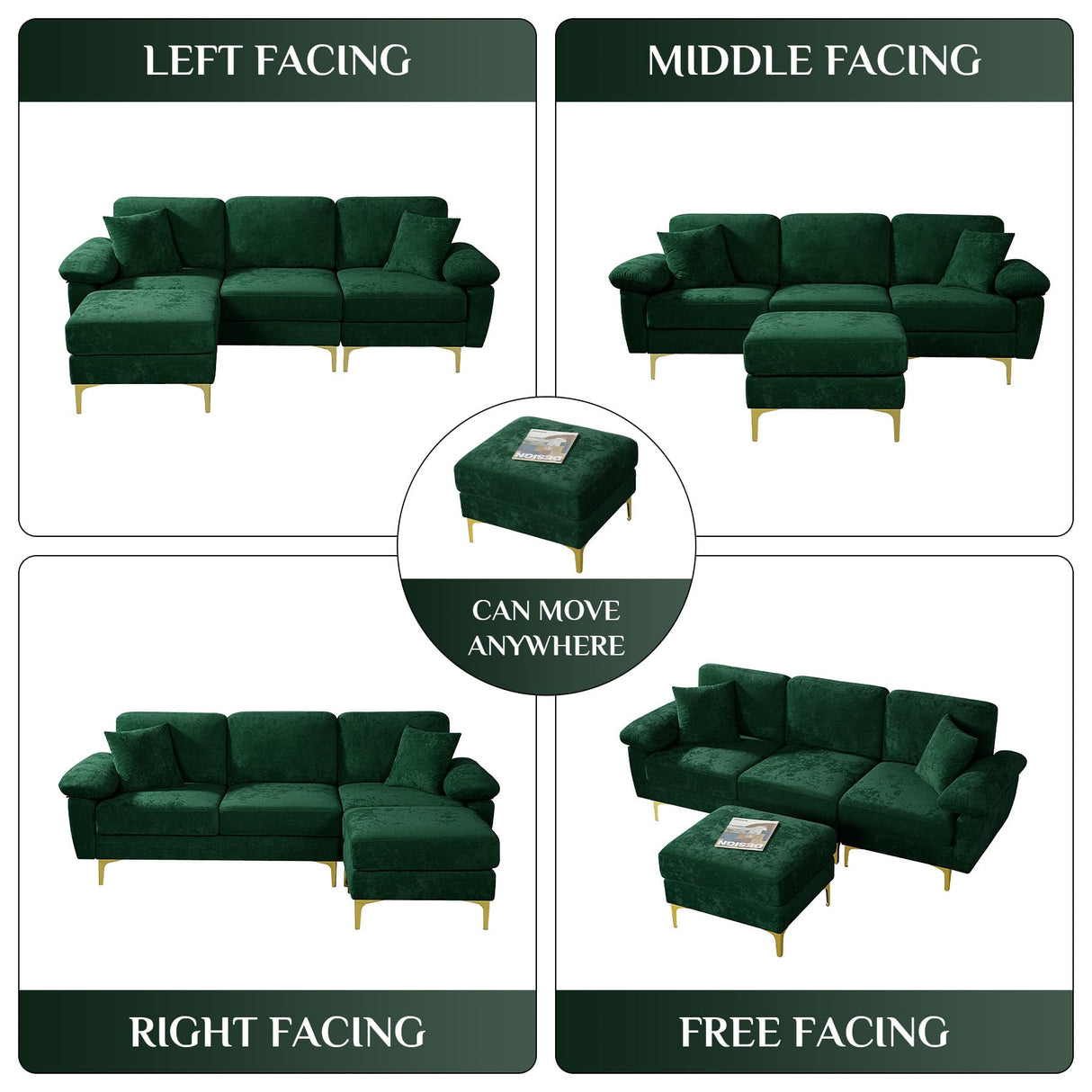 OUYESSIR L Shaped Sectional Sofa Couch, 3 Seat Velvet Sofa with Ottoman and Pillows, Upholstered Comfy Couch Sleeper for Living Room, Bedroom, 91 inches (Green) OUYESSIR