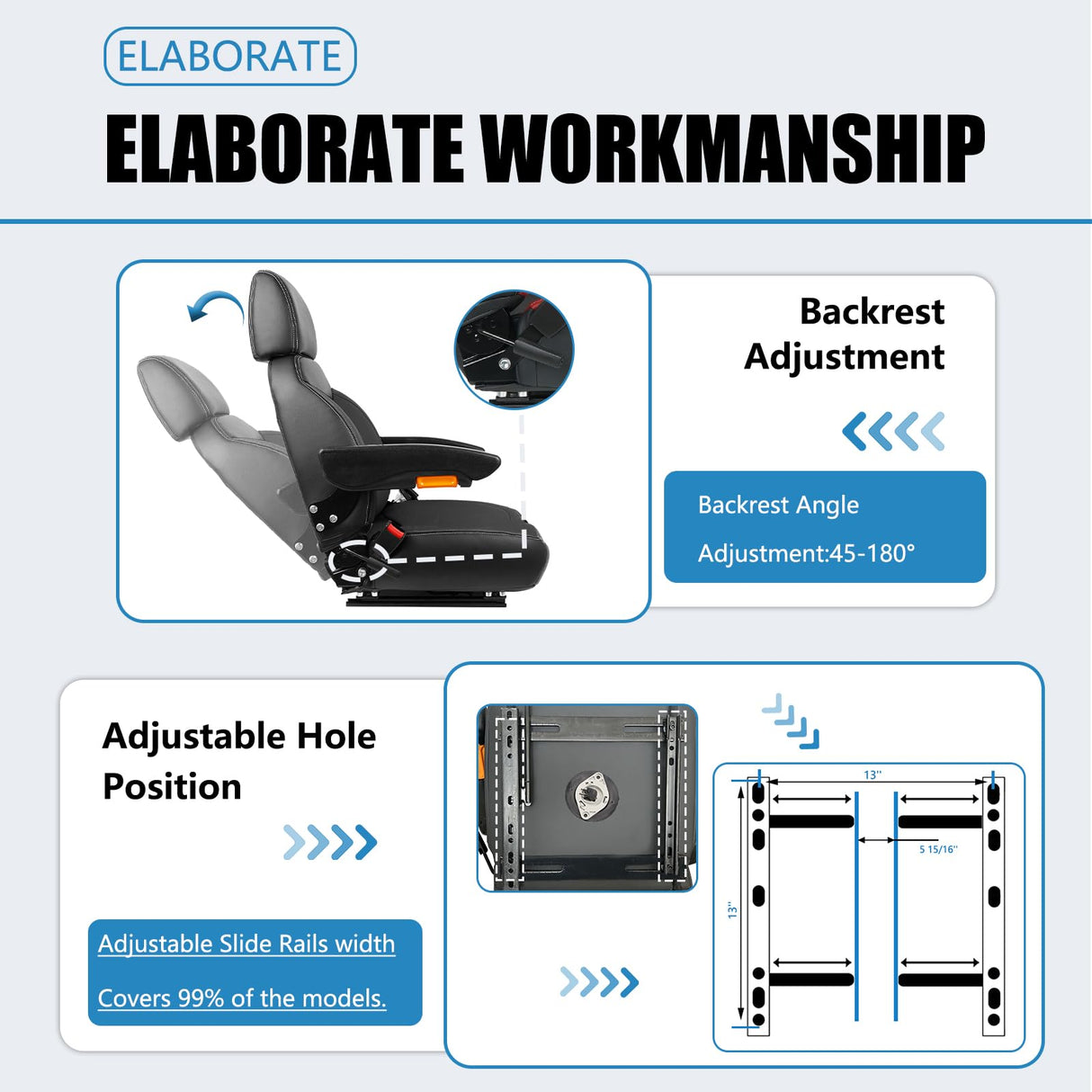 TICSEA Universal Tractor Seat, Forklift Seat with Retractable Seatbelt and Adjustable Backrest Headrest Armrests for Boat Excavator Harvester Loader Backhoe Dozer Telehandler(Black) TICSEA
