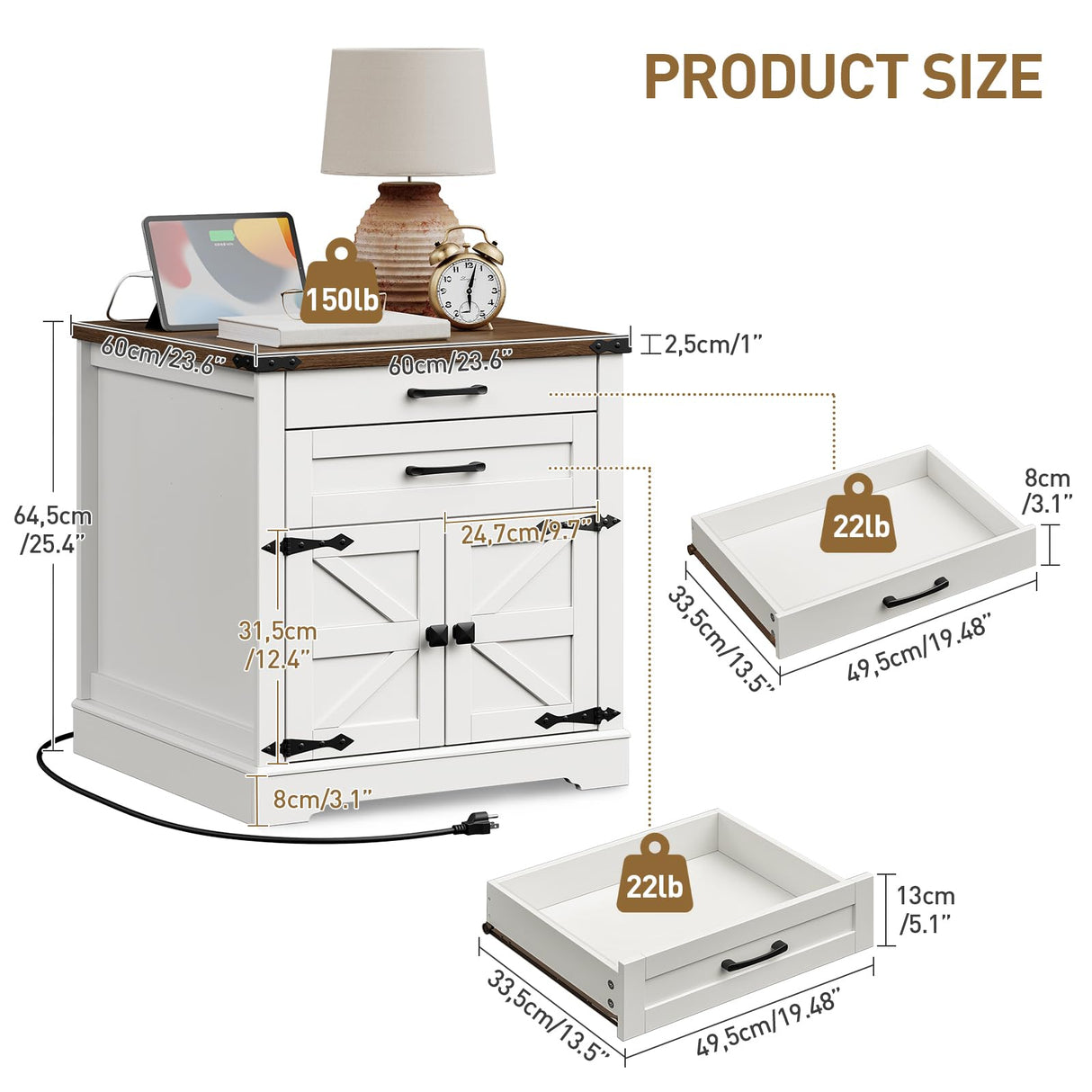 RALGEND Farmhouse End Table with Charging Station, 24'' Sofa Side Table with 2 Drawers and Barn Door, Large Rustic Wooden Square Nightstand for Bedroom, Living Room, White and Walnut RALGEND