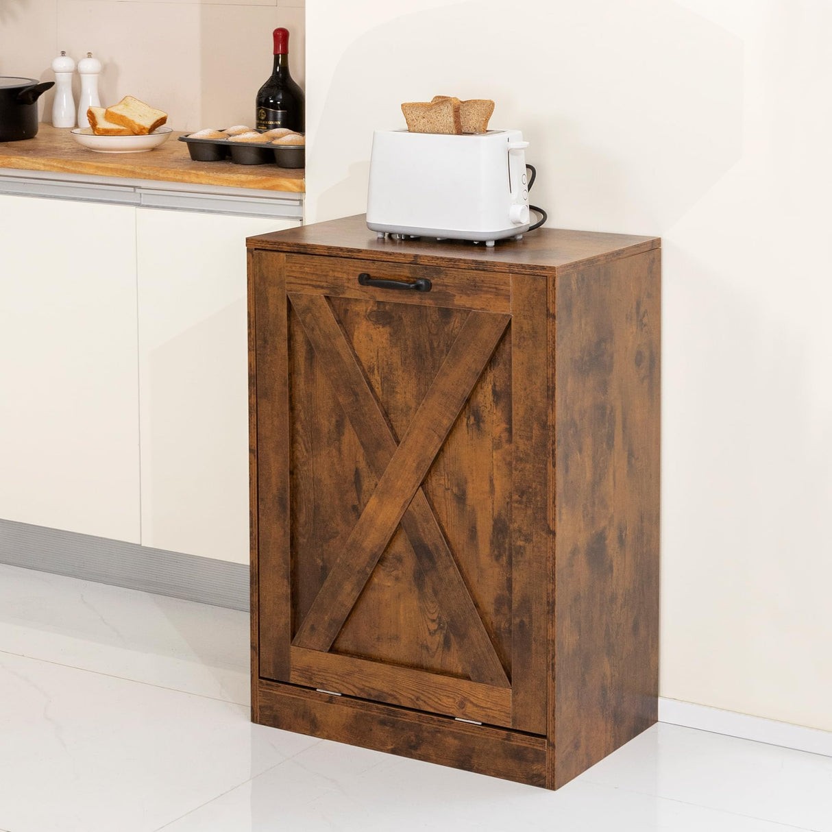 Zvyteay 13 Gallons Tilt Out Trash Can Cabinet, Wooden Free Standing Kichen Waste Bin Recycling Cabinet Hidden Trash Cabinet Laundry Cabinet Pet Food Cabinet (Rustic Brown) Zvyteay