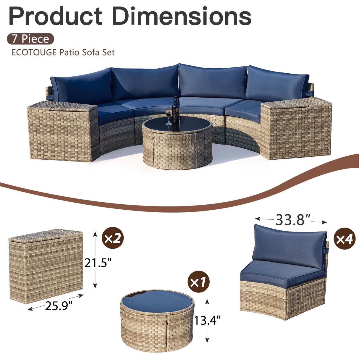 ECOTOUGE Half Moon Patio Furniture Set, 7-Piece All-Weather Wicker Curved Sofa Set, Half Moon Outdoor Couch with High Backs, Fit for Pool Backyard Balcony Garden(Blue) ECOTOUGE