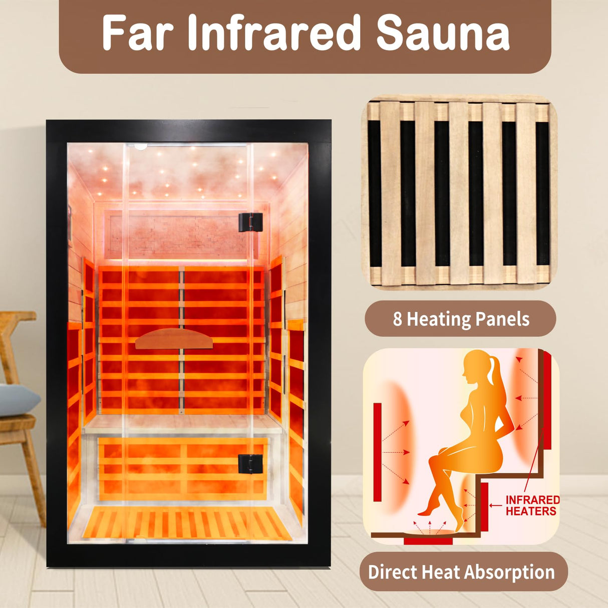 Far Infrared Home Sauna for 2 Person, 2000W 110V Indoor Sauna, Wooden Dry Spa Room with Red Light Therapy, Control Panel, Bluetooth Speaker InfraHHZQ