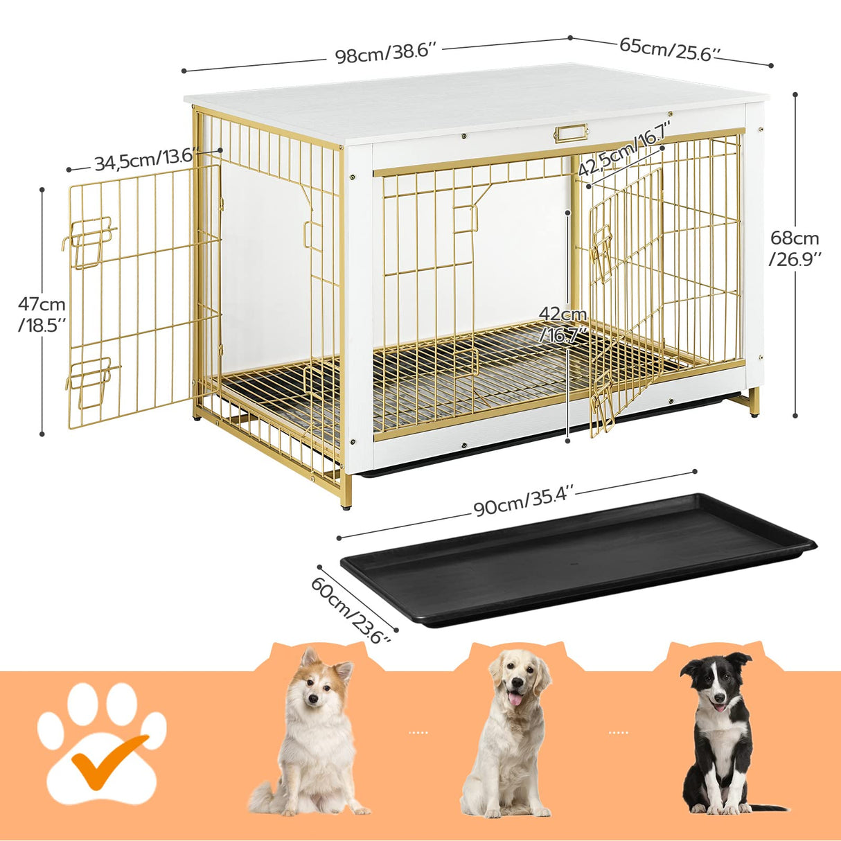 HOOBRO Dog Crate Furniture, 38.6" Large Dog Kennel Indoor, Wooden Dog Crate with Pull-Out Tray, Double Doors Dog House, Modern Side End Table for Small/Medium/Large Dog, White DW982GW03 HOOBRO