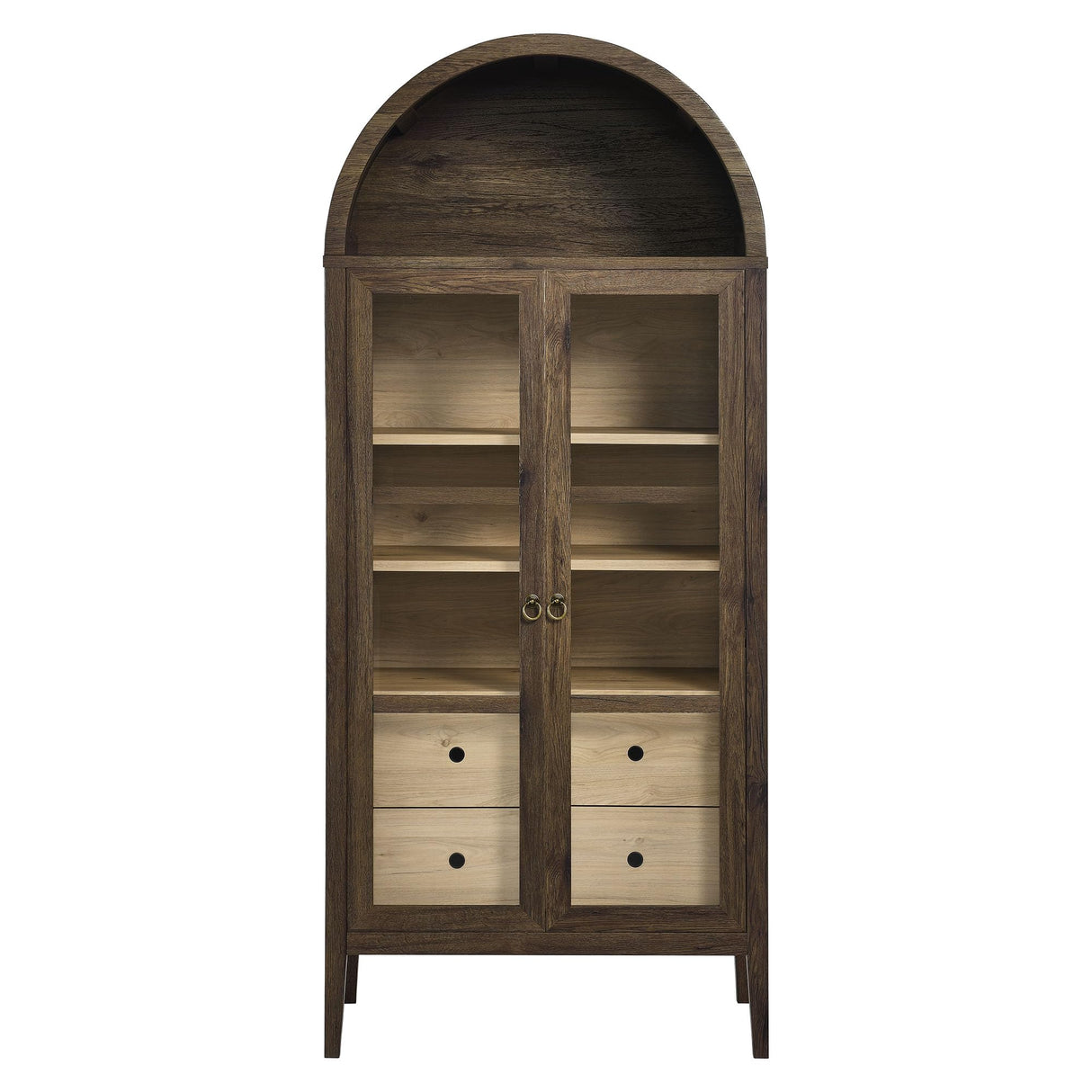 Modway Nolan Modern Farmhouse 71 Inch Tall Arched Storage Display Cabinet in Walnut Hickory Wood Grain - 4-Tier Bookcase with Glass Doors and Shelves - Arch Accent Cabinet for Living Room Modway