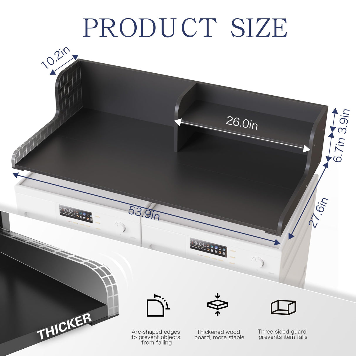 DTK Washer Dryer Wood Countertop with Shelf, Laundry Topper with Non-Slip Mat,27.55" Depth x 54" Width Dryer Covers for The Top with Edge Rails, Black DTK