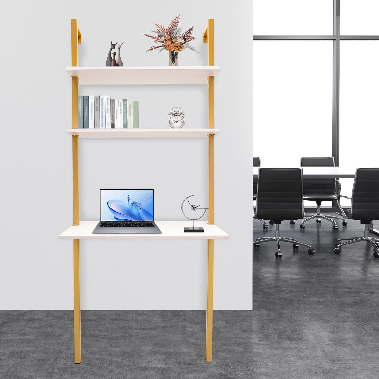 QIUTMER Wall Mount Desk 3 Tiers Wall Table Wall Mount Computer Writing Table Industrial Bookcase Desk Gold and White for Homes Office School QIUTMER