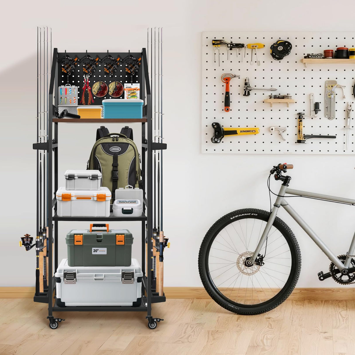 MUONM Fishing Rod Holders for Garage,Fishing Rod Rack with 3 Tier can Holds up to 12 Rods,Fishing Rod Organizer with Wheels for Outdoor and Indoor,Dark Black (Large) MUONM