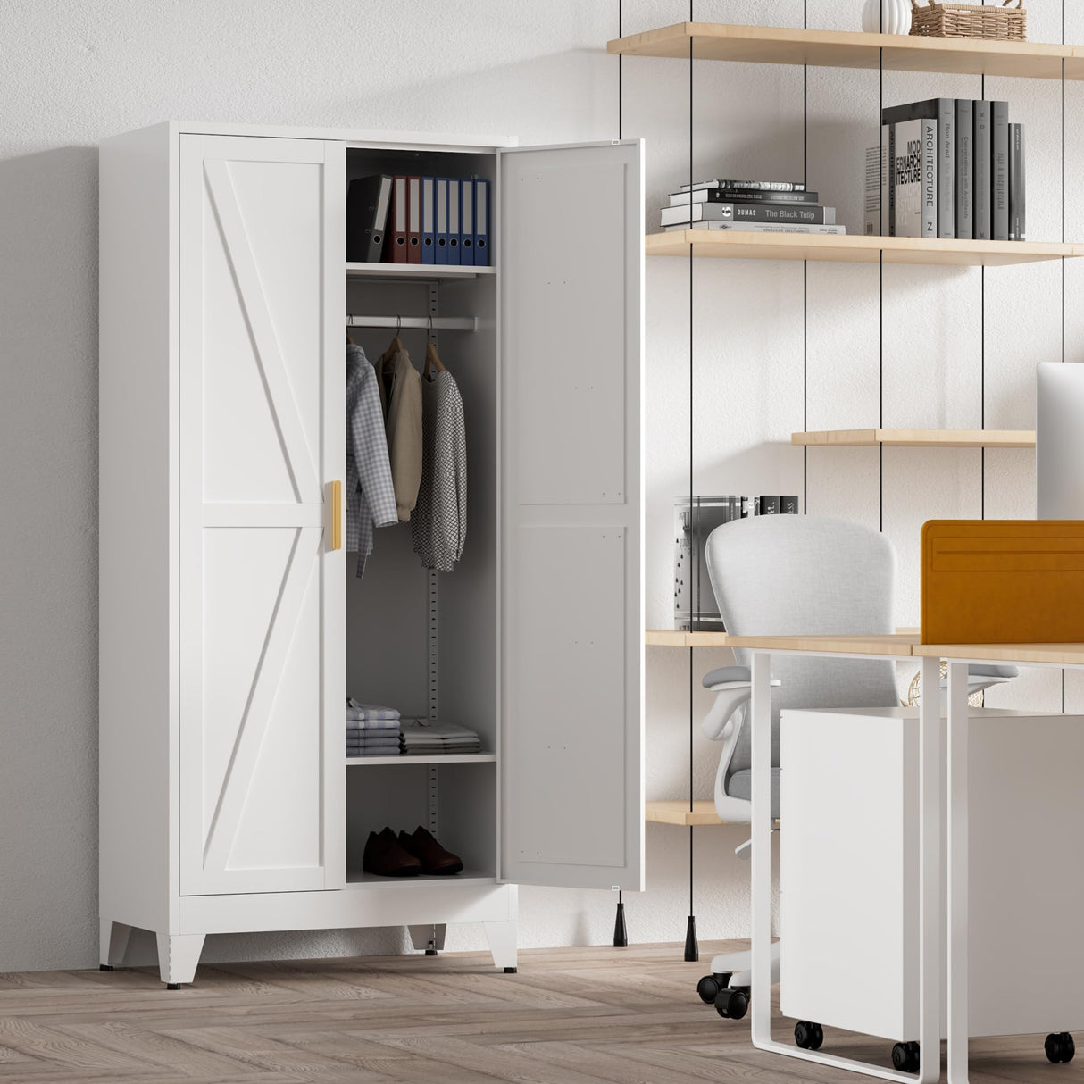 Washsemba 71'' Farmhouse Metal Wardrobe Cabinet with Hanging Rod, 2 Barn Door Wardrobe Closet with 2 Adjustable Shelves,for Dining Room,Bedroom,Living Room, Cloak Room,Office (White) Washsemba