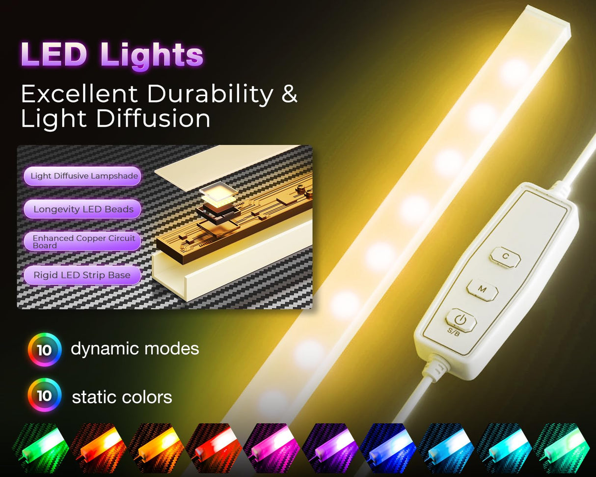 ODK 53 Inch L Shaped Desk with LED Lighting, Reversible Gaming Desk with Power Outlets, Cornor Computer Table with Storage Shelves & Bag & Iron Hook, Home Office Table for Writing, Study, White ODK