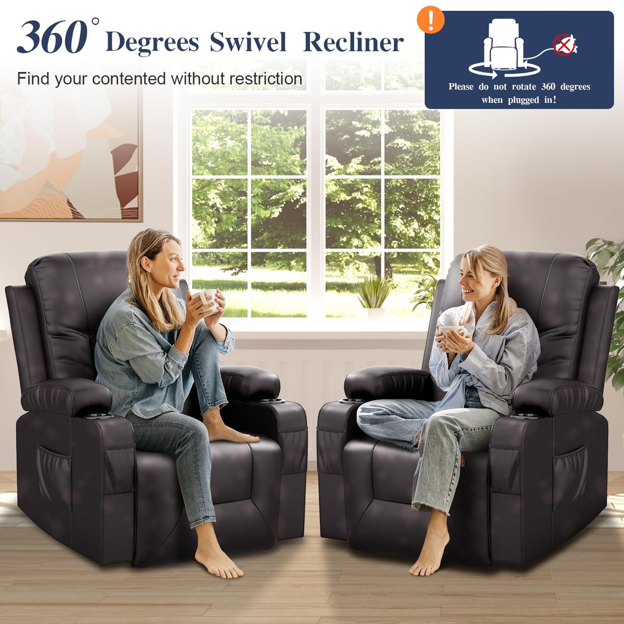 FURNIMAT Recliner Chairs for Adults, Massage Rocker with Heated Modern Ergonomic Lounge 360 Degree Swivel Single Sofa Seat Living Room Lounge Recliners Brown FURNIMAT