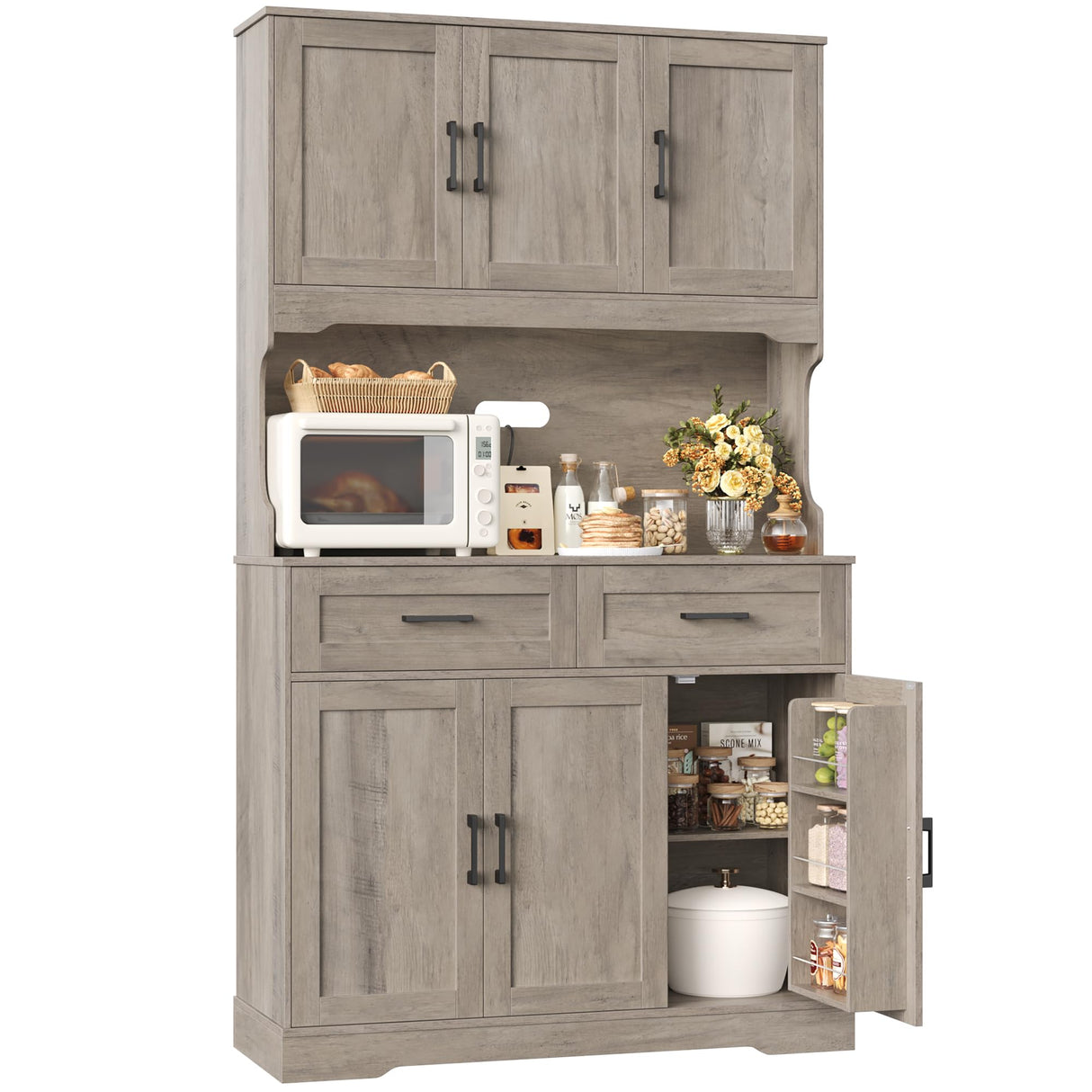 FACBOTALL Tall Kitchen Pantry Cabinet, Kitchen Cabinets with Countertop, Farmhouse Kitchen Pantry Storage Cabinet with Doors and Adjustable Shelves, Kitchen Hutch for Kitchen,Wash Gray FACBOTALL