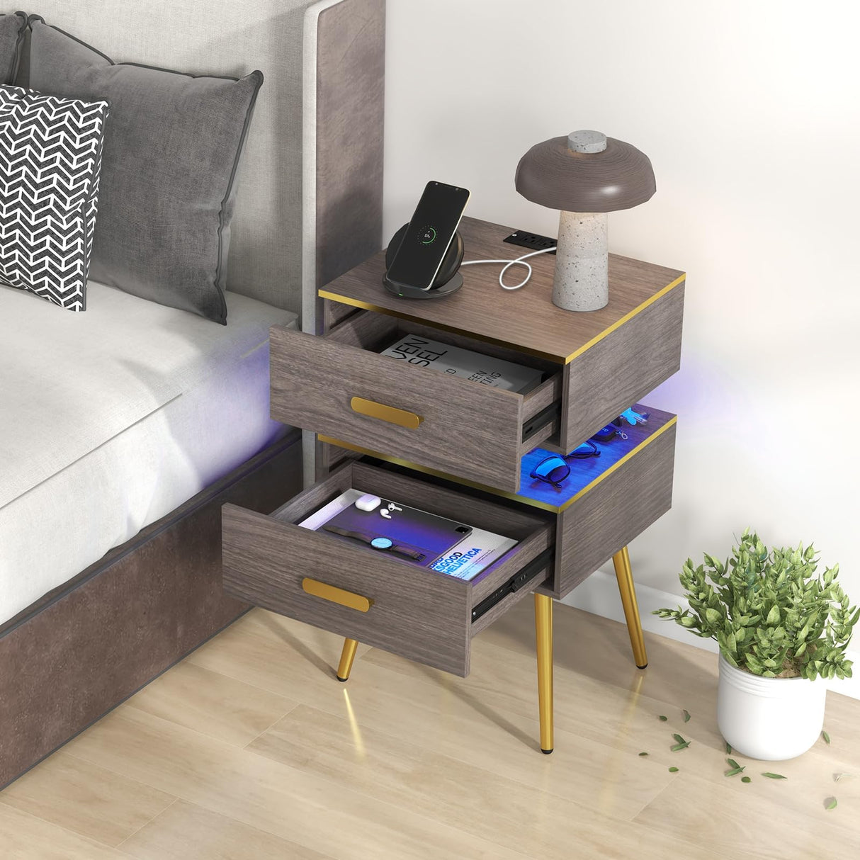 Giantex Nightstand with Charging Station & LED Lights, 28.5" Bedside Table with 2 Drawers, 2 USB Ports & 3 Outlets, Modern End Side Table with Gold Metal Legs, Smart Night Stand for Bedroom, Grey (2) Giantex