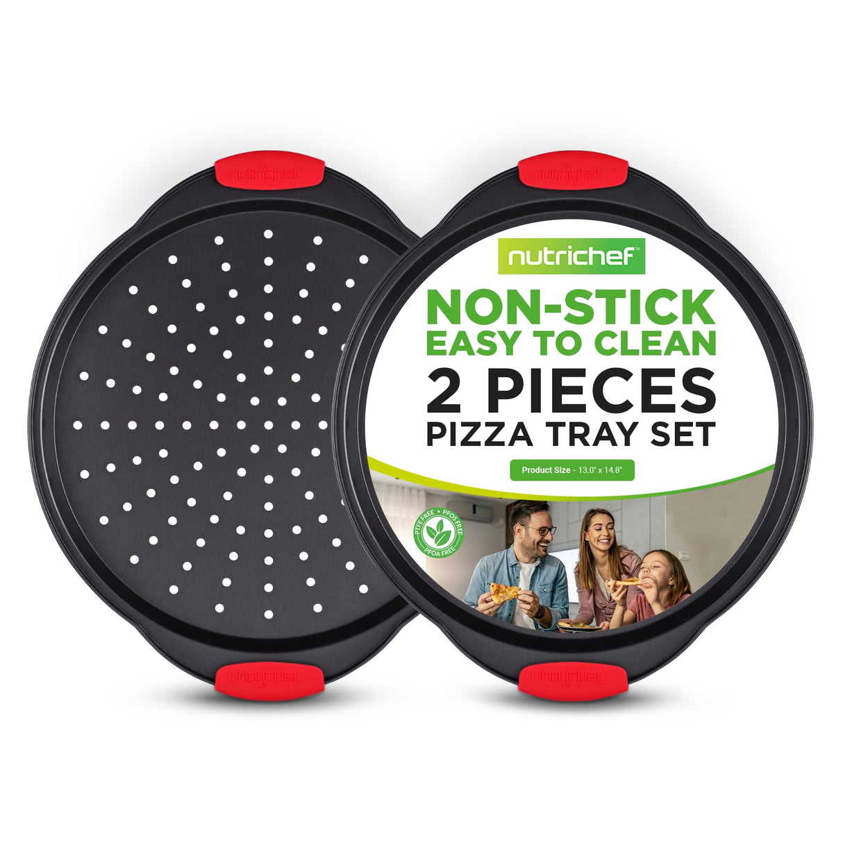 NutriChef 2-Piece 13-Inch Nonstick Pizza Tray, Round Carbon Steel Non-Stick Pizza Baking Pan with Perforated Holes, Premium Bakeware Pizza Screen with Silicone Grip Handles, Dishwasher Safe, NCBPIZX2 NutriChef