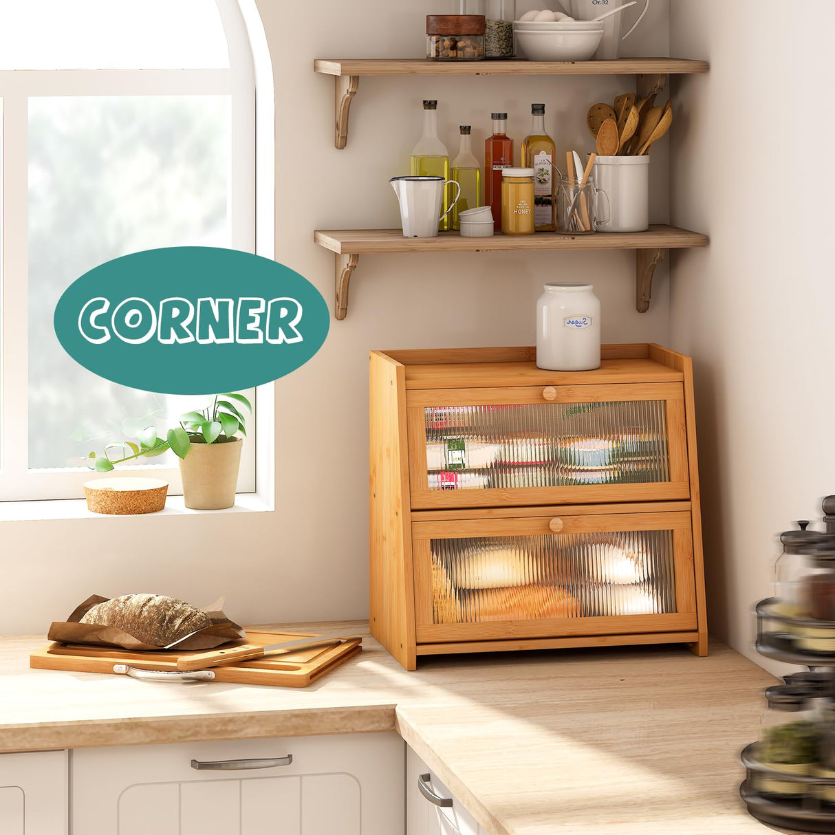 viewcare Large Bread Box for Kitchen Counter With Cutting Board, 2-Tier Bread Box, Bamboo Wood Large Capacity Bread Storage Bin with Acrylic Wavy Door Panel viewcare