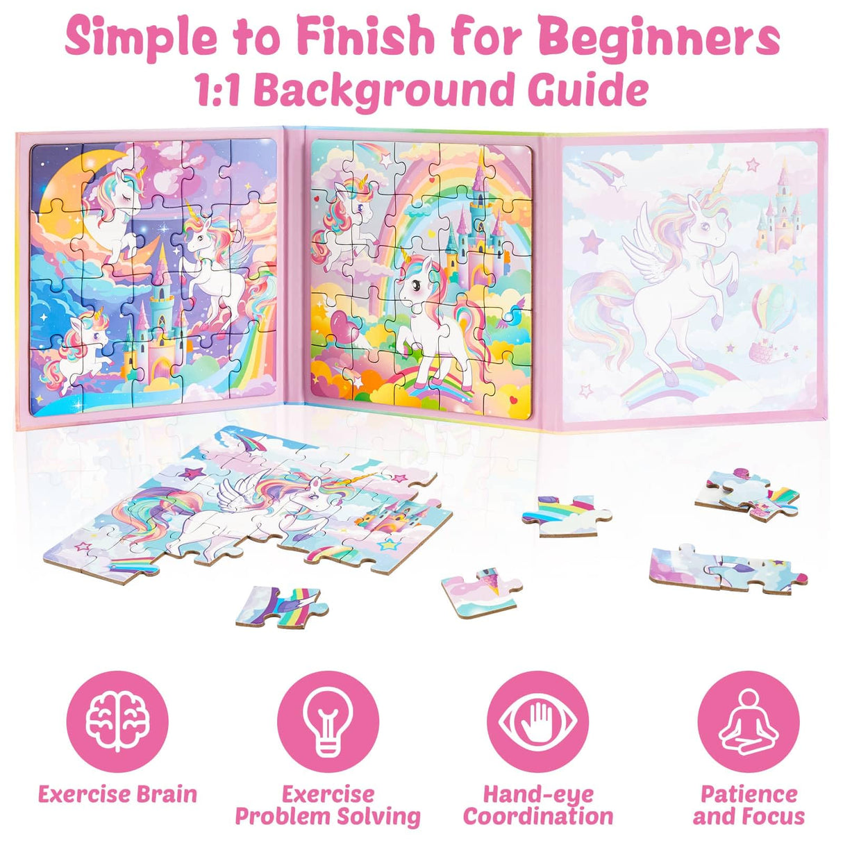 Unicorn Magnetic Puzzle for Kids 3-5, 75 pcs Magnetic Travel Puzzles Games for Toddlers Ages 3-8 Car Plane Road Trip Activities 3 in 1 Toys Gift for Girls WERNNSAI