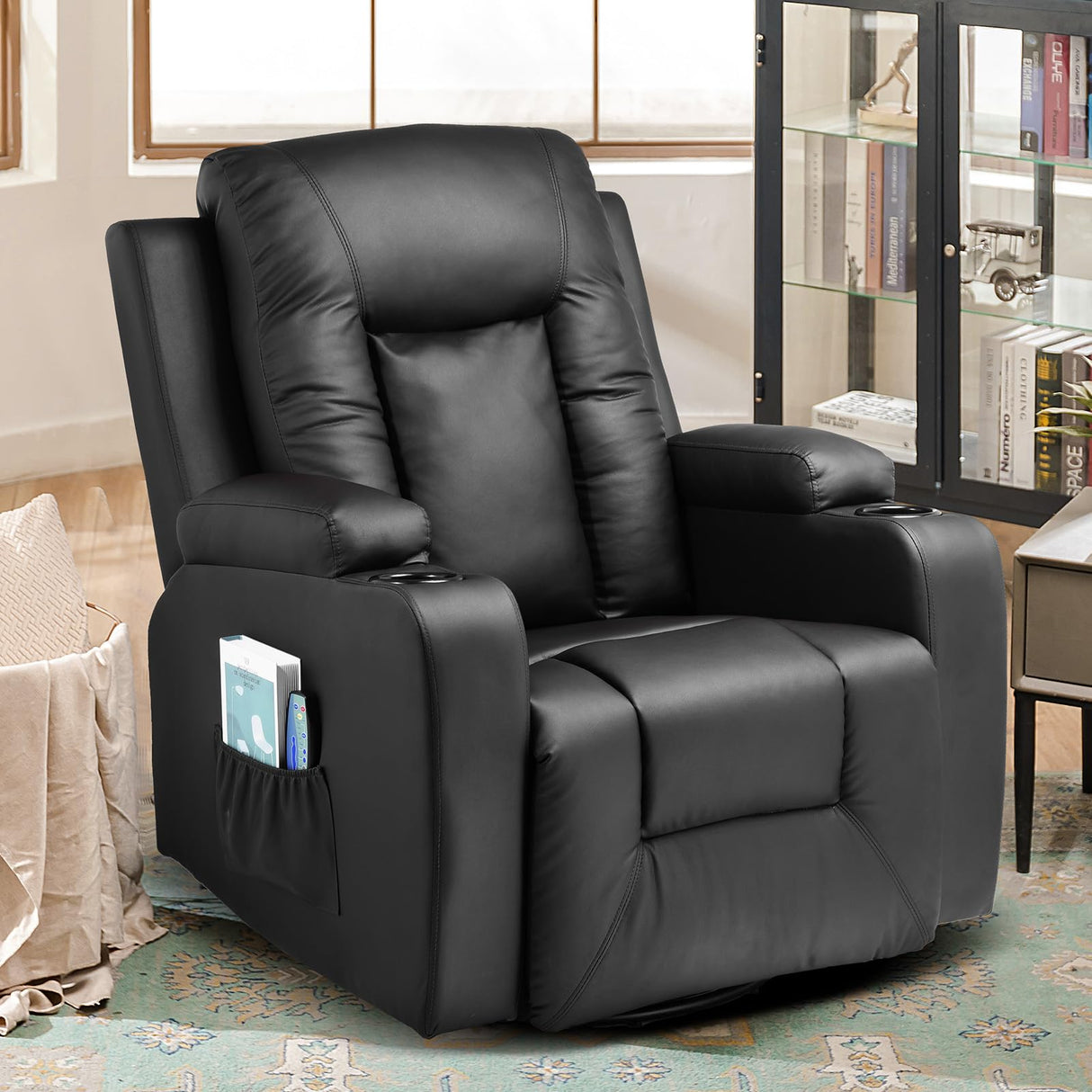 COMHOMA Recliner Chair, PU Rocking Chair for Adults, Swivel Recliner with Cup Holders, Heat and Massage, Single Sofa Seat with Side Pockets for Living Room, Bedroom (Black) COMHOMA