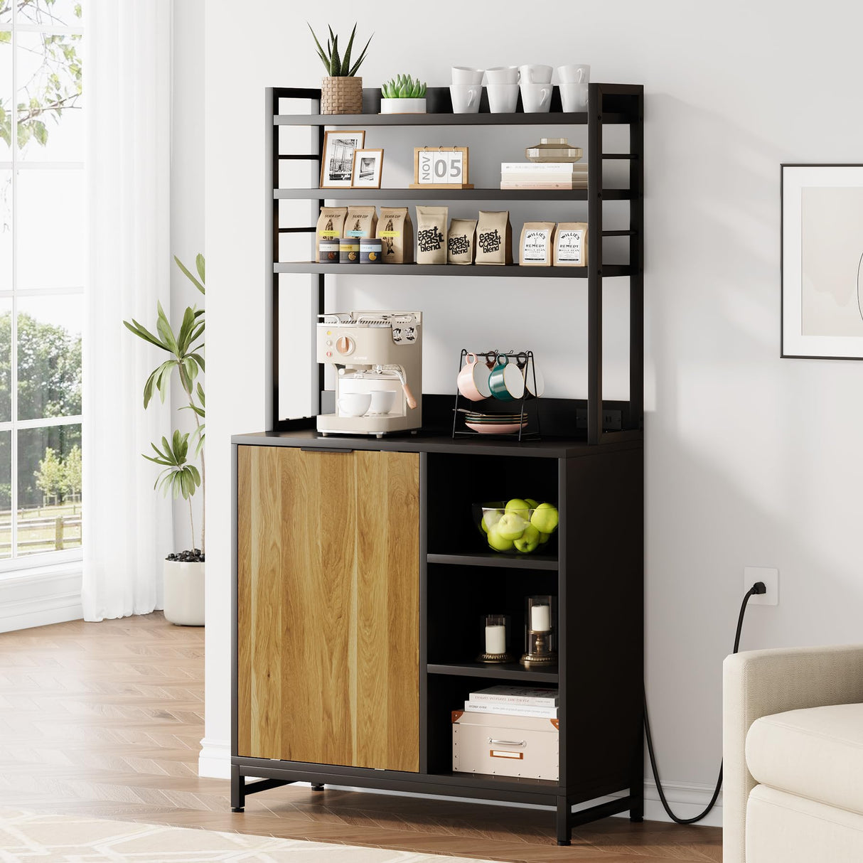 VANOMi Tilt Out Trash Can Cabinet, 67" Kitchen Pantry Storage Cabinet, Bakers Rack Microwave Stand with Power Outlet, 7-Tiers Tall Coffee Bar Station for Kitchen, Dinning Room, Living Room VANOMi