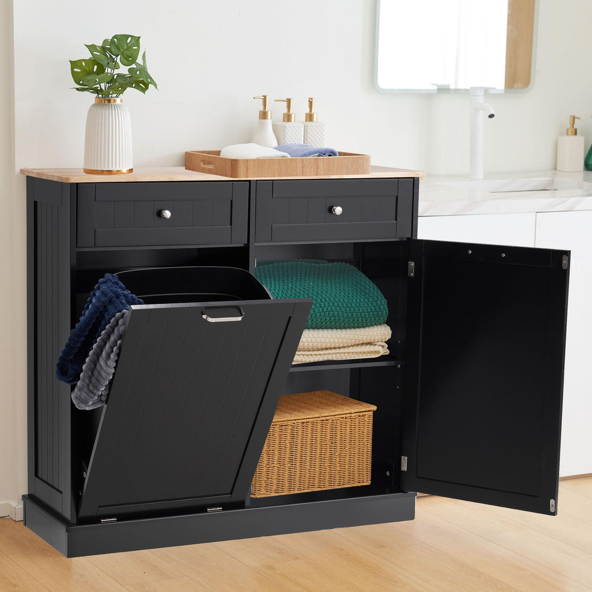 Spurgehom 13 Gallons Tilt Out Trash Cabinet Kitchen Waste Bins Modern Kitchen Trash Cabinet with Adjustable Shelf and Hideaway Drawers, Pet Proof Trash Can Holder for Kitchen Living Room, Black Spurgehom