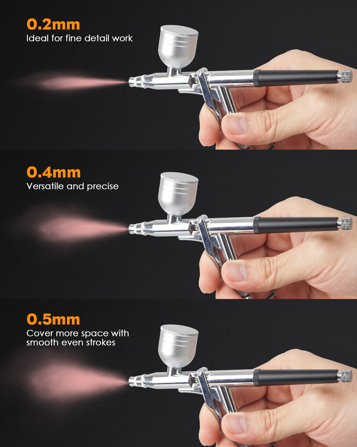 Airbrush Kit, Airbrush Gun Dual-Action Gravity with 0.2, 0.4 & 0.5mm Needle/Cleaning Sets, Air Brush with 2 1/3 oz Fluid Cup for Painting, Modeling, Cake Decor, Pastry, Makeup, Nail Art etc. Rexley