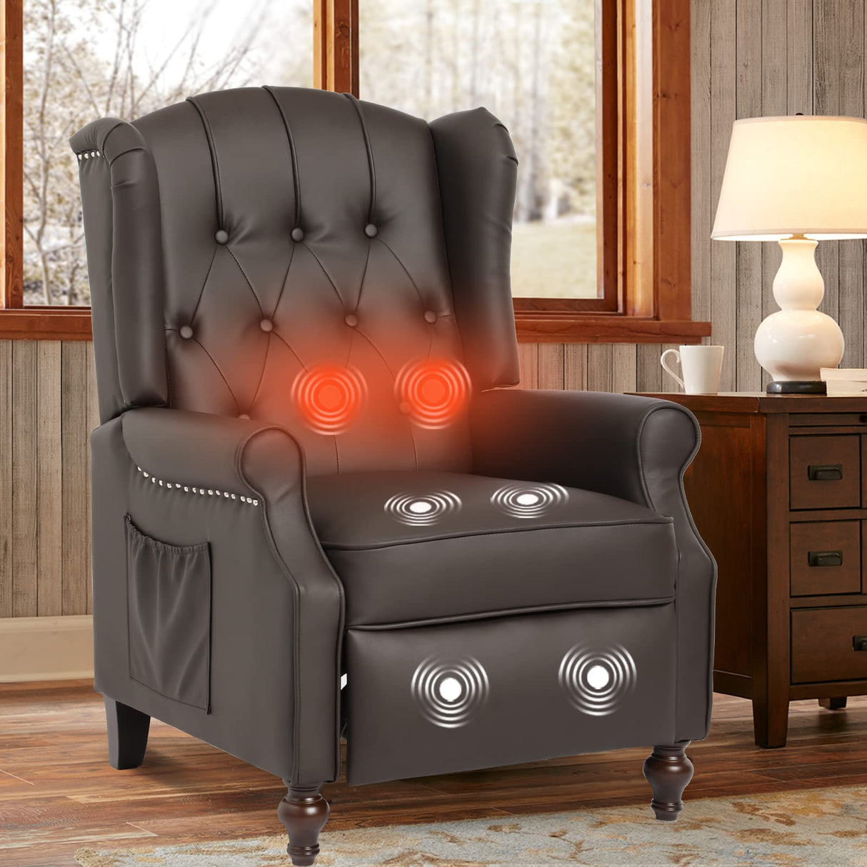 IPKIG Wingback Pushback Recliner Chair - Mid Century Recliner Armchair with Massage and Heat, Rivet Decoration, Button-Tufted Back, Solid Wood Legs for Living Room, Bedroom, Office(Brown) IPKIG