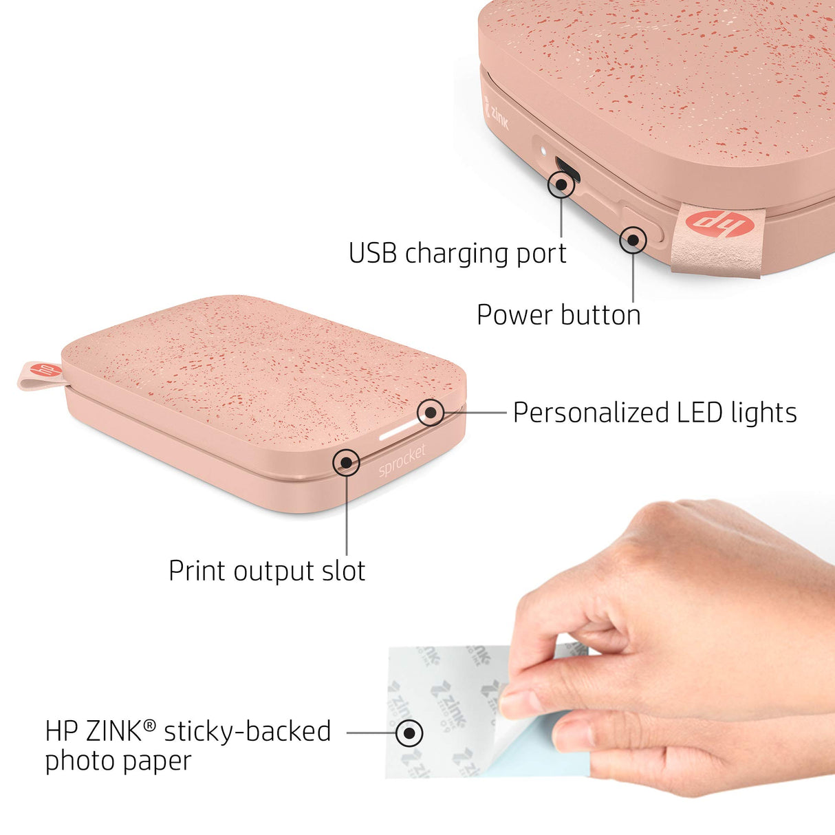 HP Sprocket 2x3" Instant Smartphone Photo Printer - Portable Color Wireless Mobile Printer - Zink Sticky-Back Photos - Print from Compatible iOS & Android Devices with Bluetooth w/Fun App - Pink HP