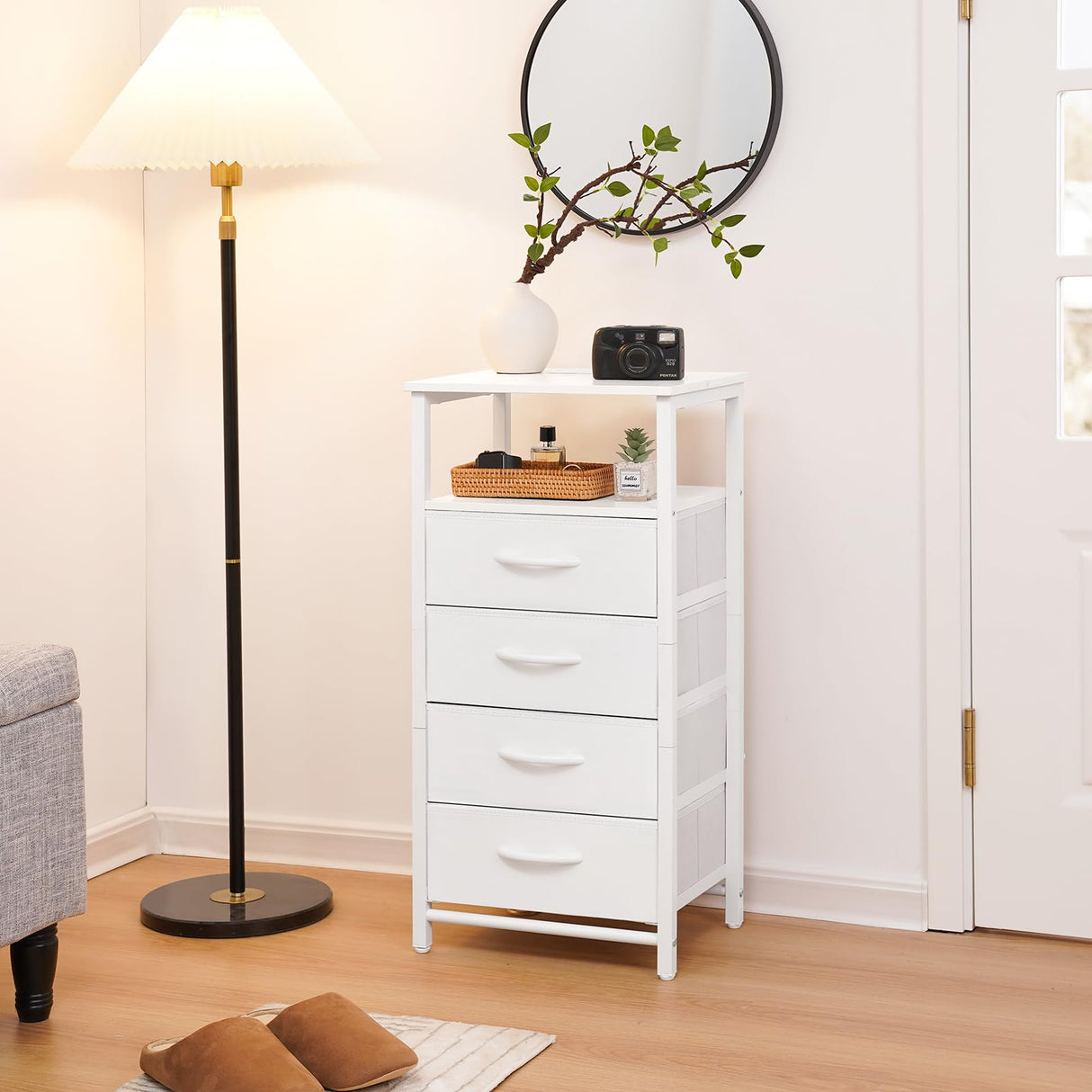 Yoobure Night Stand - LED White Nightstand with Charging Station, Bedside Table with 4 Storage Drawers and Storage Shelf, End Table with USB Ports and Outlets, Tall Dresser for Bedroom Yoobure