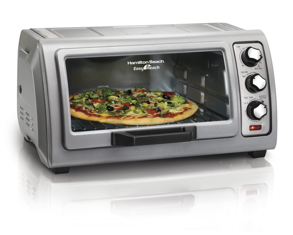 Hamilton Beach 6 Slice Countertop Toaster Oven With Easy Reach Roll-Top Door, Bake, Broil & Toast Functions, Auto Shutoff, Silver (31127D) Hamilton Beach