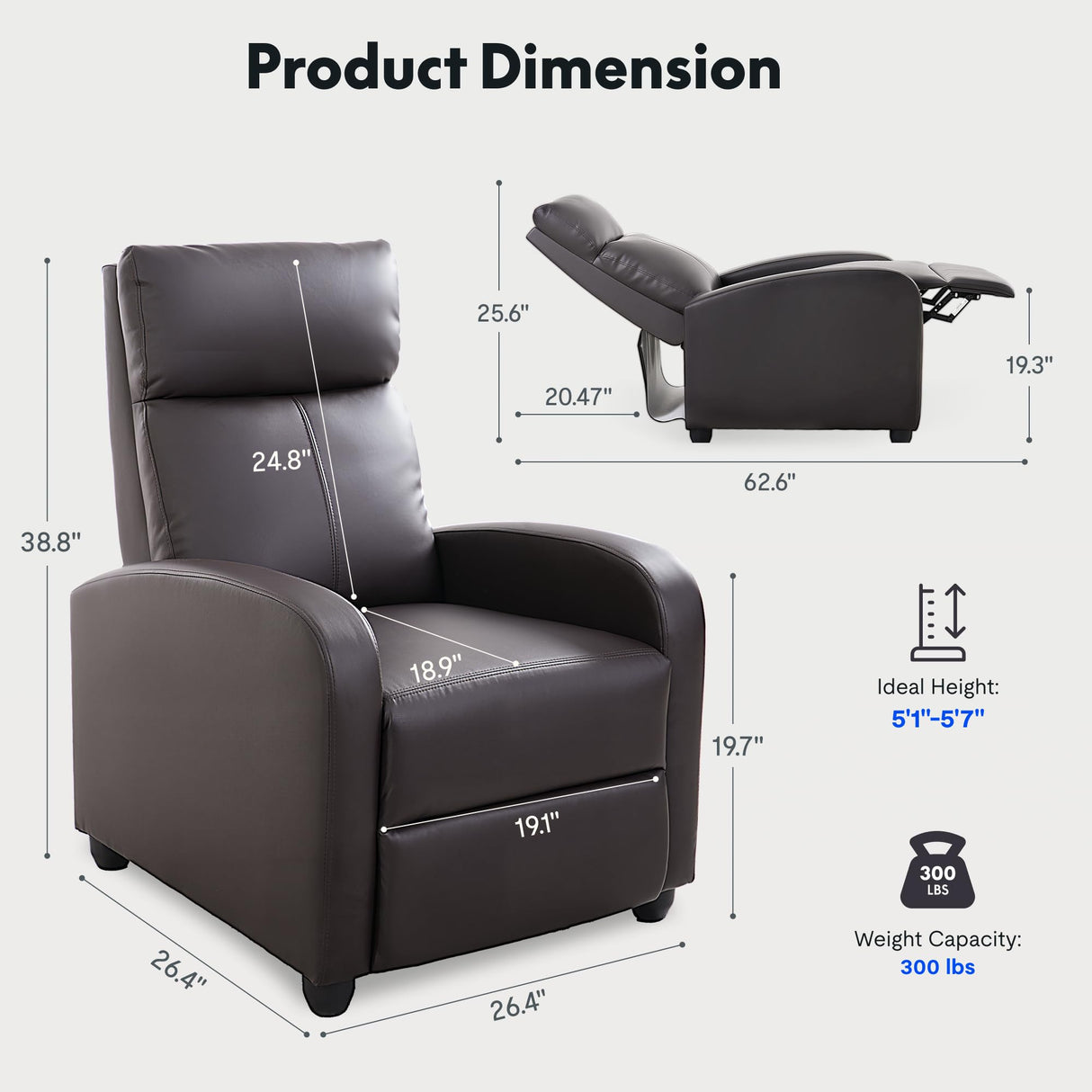 Softa Recliner Chair for Adults, Faux Leather Small Reclining Chair Home Theater Seating, Adjustable Modern Single Sofa Armchair for Living Room Bedroom (PU, Brown) Softa