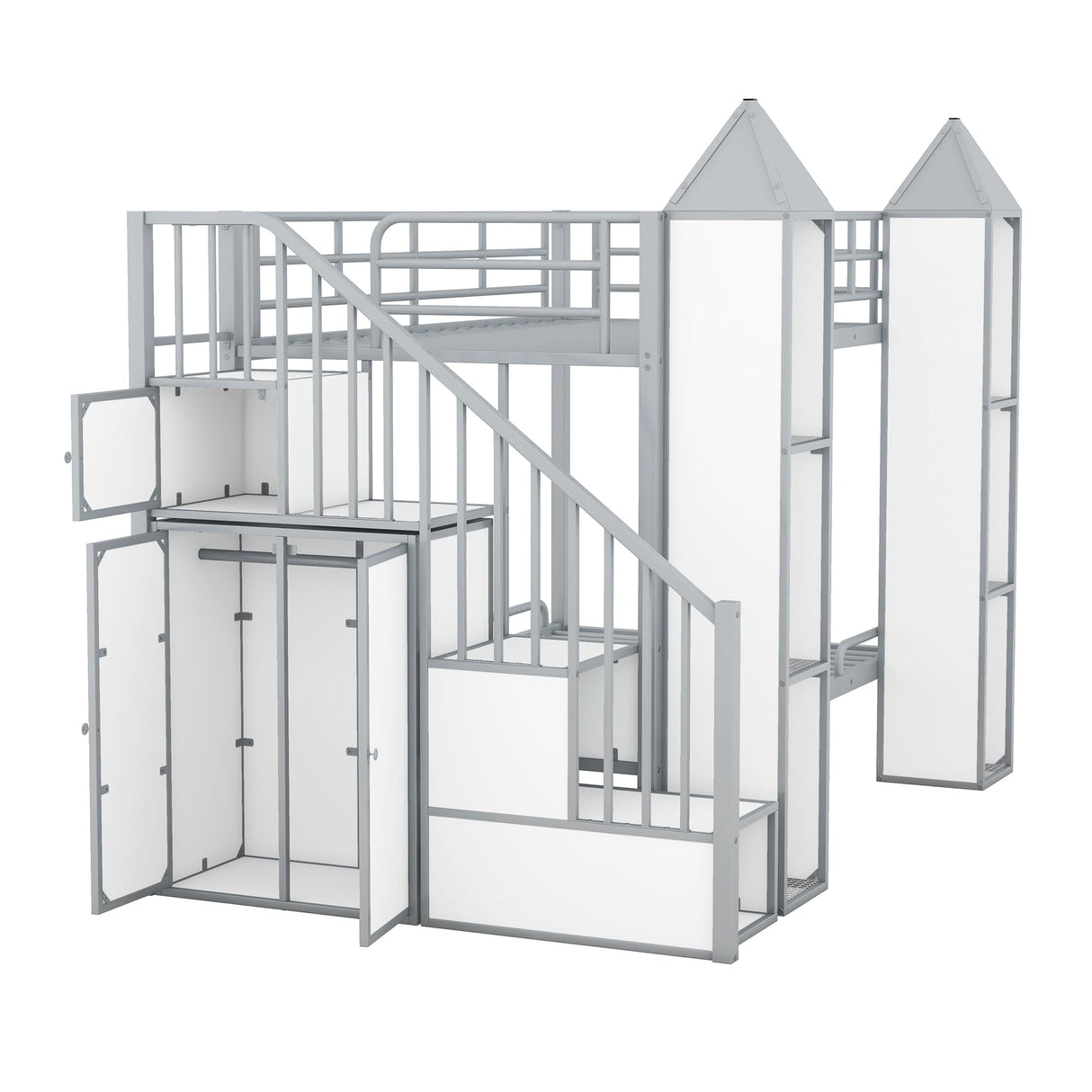 Harper & Bright Designs Twin Over Twin Metal Bunk Bed with Stairs and Storage Wardrobe, Castle-Shaped Bunk Bed Heavy-Duty Steel Frame, Noise Free,for Kids Teens Adults, Gray+White Harper & Bright Designs