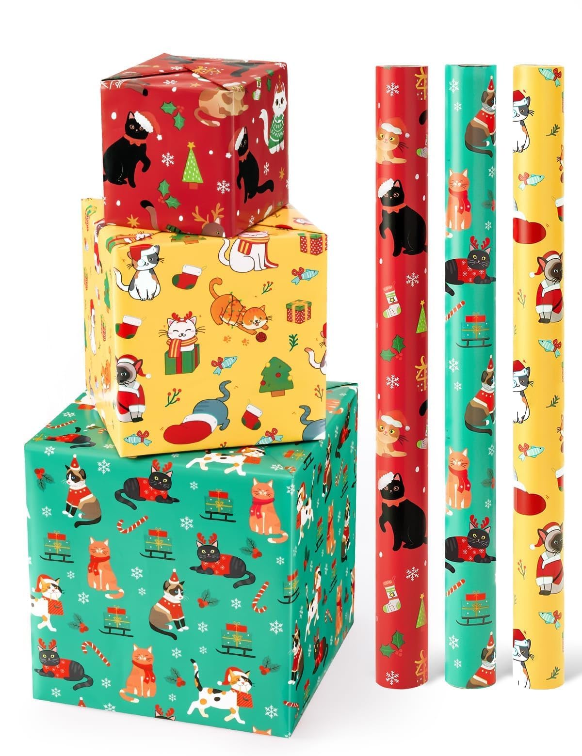 WERNNSAI Cat Christmas Wrapping Paper Rolls - 3 Rolls 17” x 120” Kids Cat Christmas Wrapping Paper Medium Roll Set Funny Kitten Christmas Wrapping paper Xmas Rolls Party Gift Decoration, for Girls/Boys WERNNSAI
