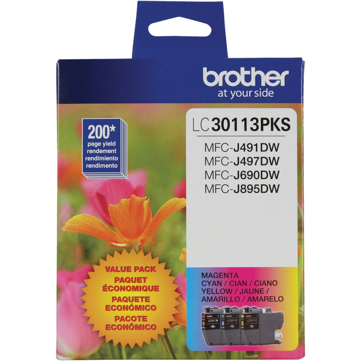 Brother Genuine LC30113PKS 3-Pack Standard Yield Color Ink Cartridges, Page Yield Up to 200 Pages/Cartridge Includes Cyan, Magenta and Yellow, LC3011 Brother