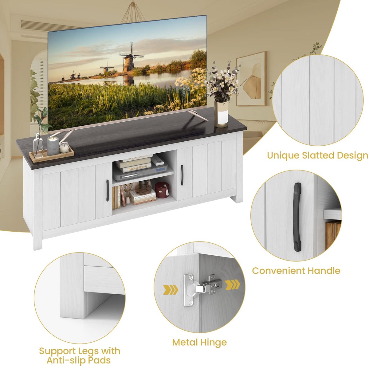 Tangkula 2 Doors TV Stand for TVs up to 65”, 57” TV Console Table w/ 2 Cabinets & Open Shelves, Media Entertainment Center w/ 2 Cable Management Holes, Wood TV Cabinet for Living Room (Dark Brown) Tangkula