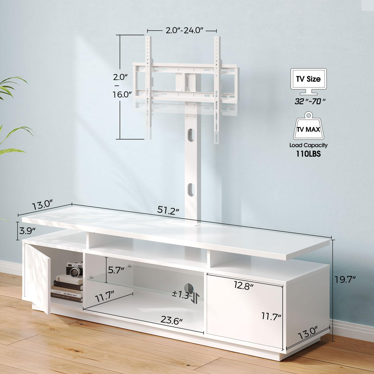 Rolanstar TV Stand with Mount and Power Outlet 51.2", Swivel TV Stand Mount for 32/45/55/60/65/70 inch TVs, Height Adjustable Modern Entertainment Center with Storage & LED Lights, TV Table White Rolanstar
