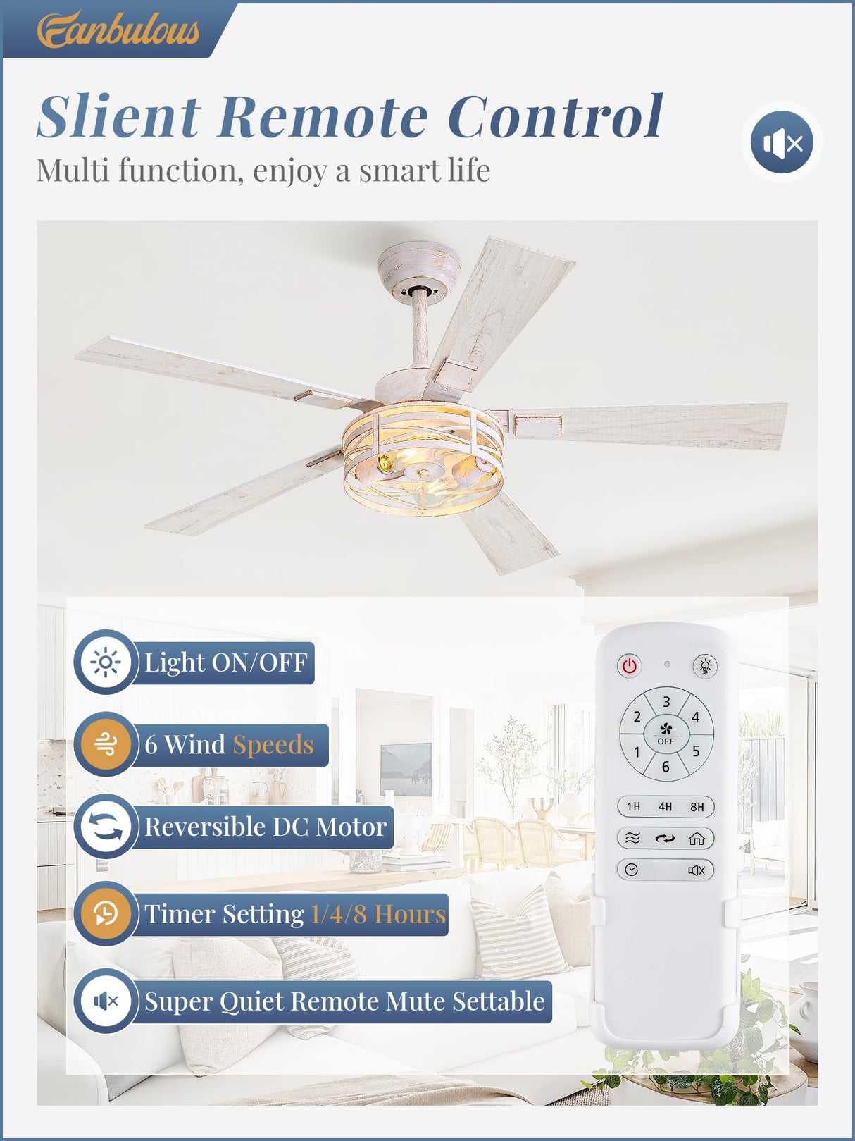 Farmhouse Ceiling Fans with Light, 48 Inch Bedroom Ceiling Fan with Lights, 6-Speed Adjustable, Quiet and Reversible DC Motor, 5 Dual Finish Blades, Rustic Caged Ceiling Fan,White and Gold Color Fanbulous