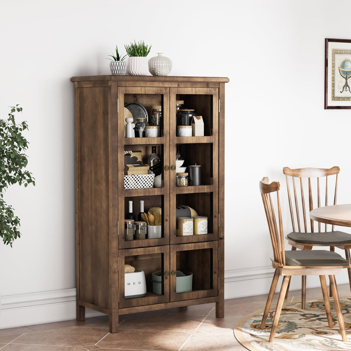 VINGLI Storage Cabinet,Display Cabinet with Glass Doors, Glass Door Cabinet, Rustic Storage Cabinet with Doors and Shelves, Showcase Display Cabinet with Cedar Wood Finish, Walnut VINGLI