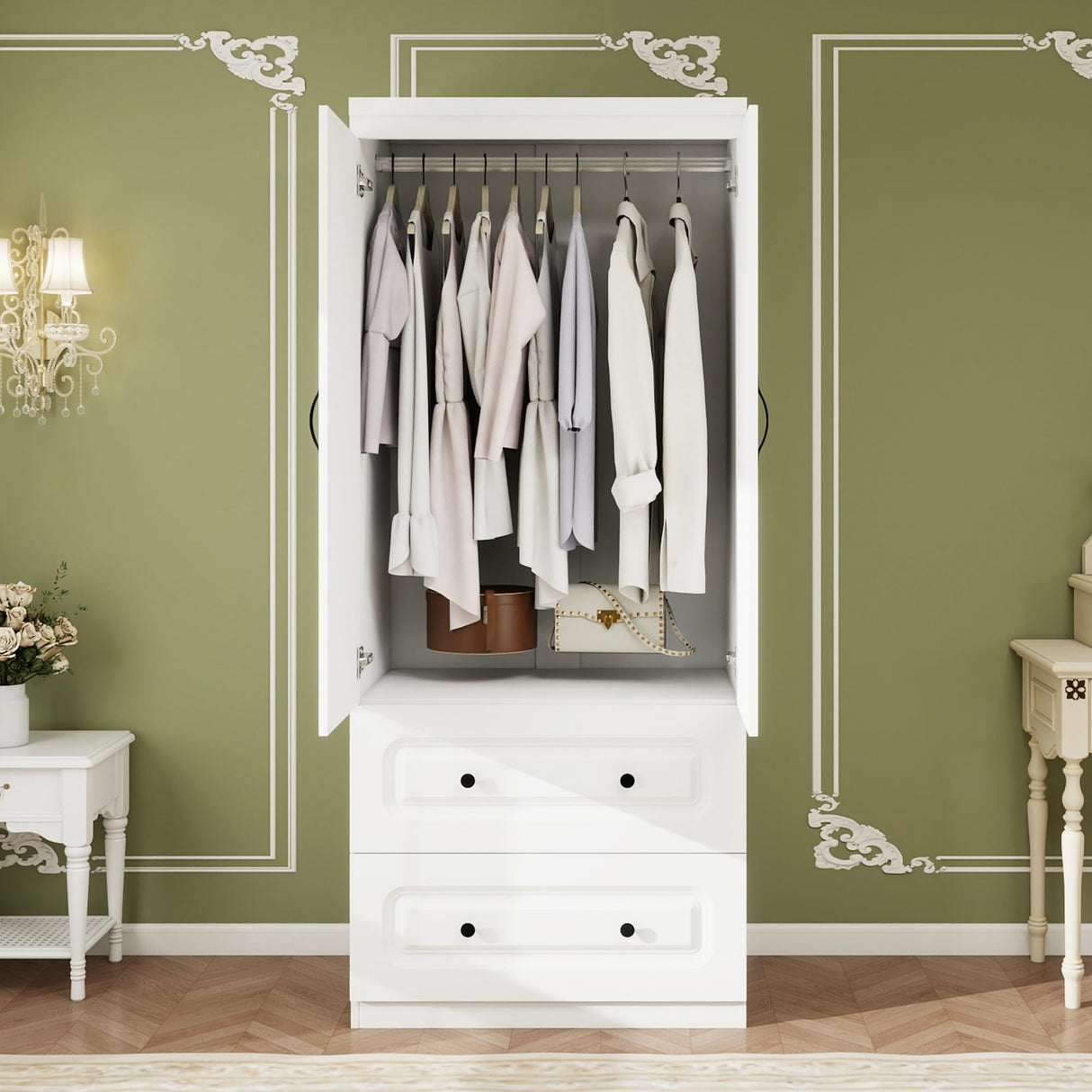 Keloyid Armoire Wardrobe Closet: Wood White Bedroom Armoire Storage Cabinet for Large Capacity with 2 Doors, Tall Armoire and Wardrobe Closet with 2 Drawers & Hanging Rail Keloyid