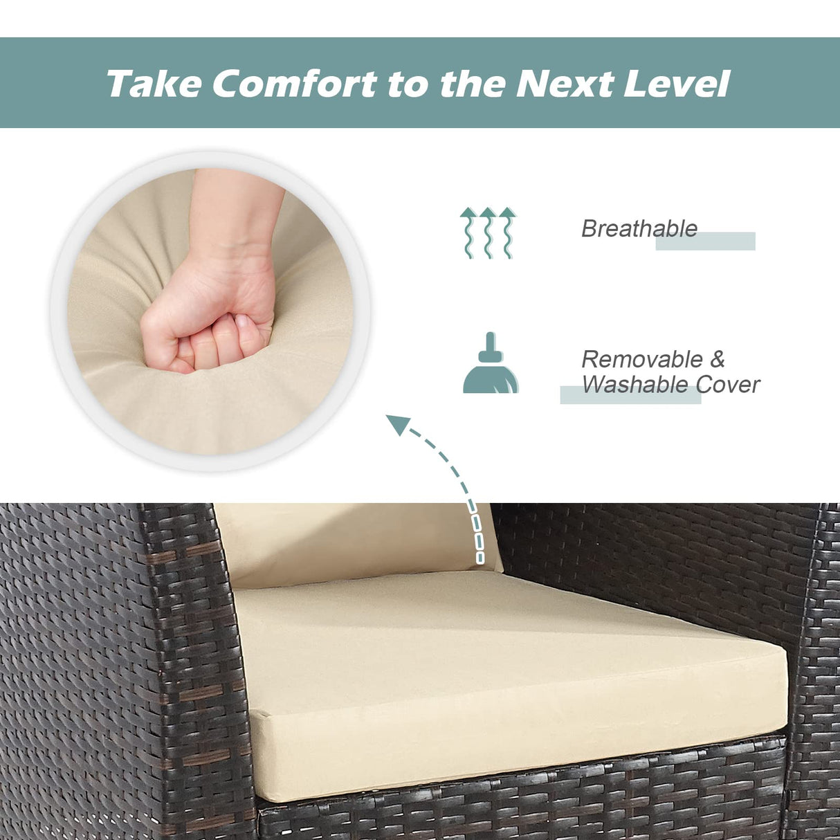 Tangkula 3-Piece Patio Furniture Set, Patiojoy Outdoor PE Wicker Bistro Set with Soft Cushions and Solid Acacia Wood, Outdoor Conversation Set with Porch, Balcony and Garden (Beige) Tangkula