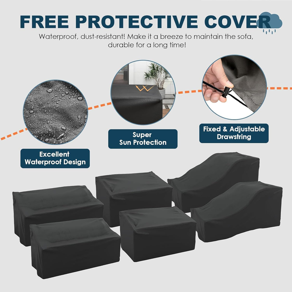 VONZOY Patio Furniture Set, 6 Pieces Outdoor Sectional Sofa Conversation Sets, Brown PE Rattan Wicker Seating Set, 4'' Thickened Cushions & 1 Glass Coffee Table for Backyard Poolside, Grey VONZOY