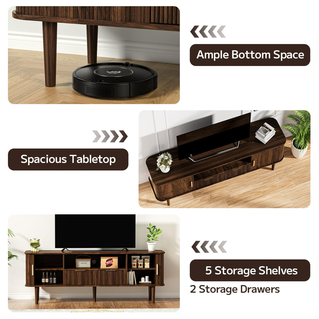 DAMCROP TV Stand 62.4 Inch Mid Century Modern Media Console Table with Drawer Shelves Sliding Tambour Door Farmhouse Sideboard Buffet Cabinet Fits TVs up to 75 inch Fluted Wood Entertainment Center DAMCROP